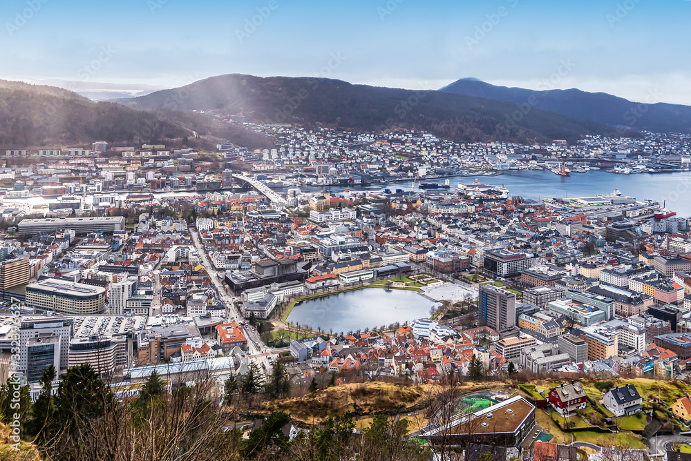 Bergen, Norway. City and harbor landscape of Bergen. Aerial view from Mount Floyen. 