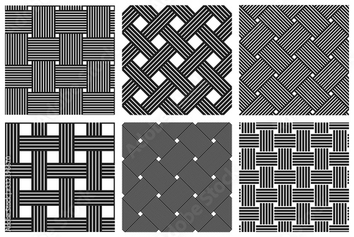 Weave seamless patterns set, vector linear backgrounds with woven textures, textile knitted repeat tiling wallpapers, perfect simplistic minimal designs.