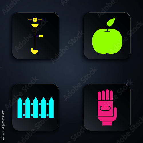 Set Garden gloves, Grass and weed electric string trimmer, Garden fence wooden and Apple. Black square button. Vector