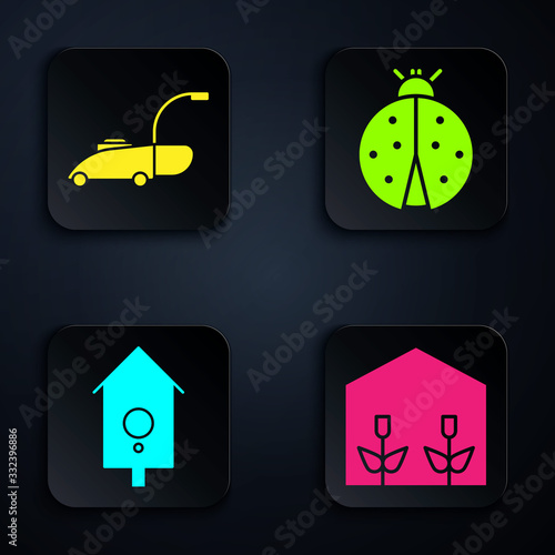 Set Home greenhouse and plants, Lawn mower, Retro wall watch and Ladybug. Black square button. Vector