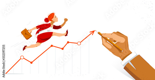 Business woman run and hurry on growth chart graph drawing by big hand of boss vector illustration, funny comic cute cartoon worker or employee motivated to financial success.
