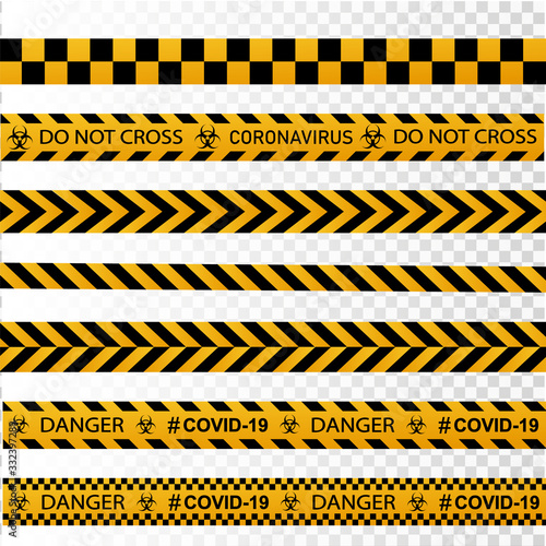 Coronavirus warning sign in a triangle and warning tape vector illustration. Coronavirus in Europe. Chinese virus outbreak. Global epidemic of COVID-2019. © YURII