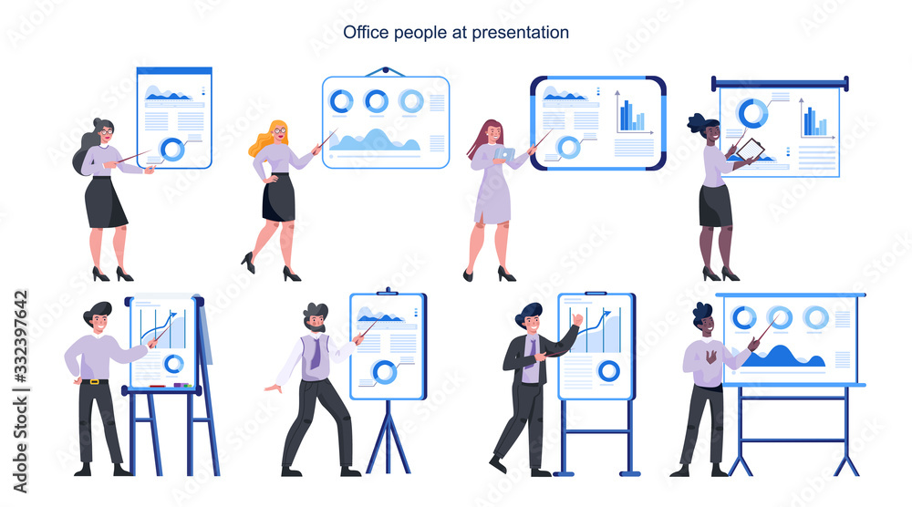 Business people making presentation. Woman and man pointing
