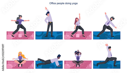 Business people doiong yoga set. Relaxation and exercise