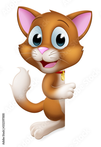 A cat cartoon pet kitten cute animal character peeking around a sign and pointing at it.