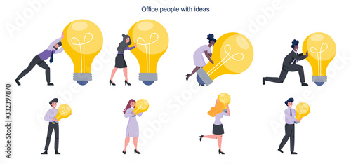 Idea concept. Business people holding a light bulb as metaphor set.