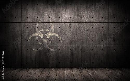 Grunge industrial background with biohazard symbol. Concrete slab wall in a dark room with bio hazard sign. Danger of coronavirus covid-19 spread. Creative design backdrop. 3d illustration photo