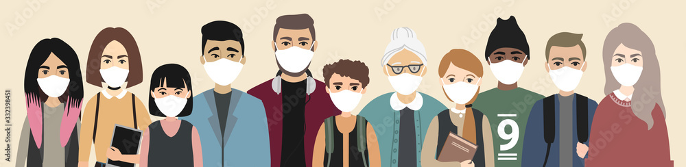 Coronavirus COVID-19. Group of different nationality and age people with masks on horizontal banner. Pneumonia disease. vector stock illustration about the epidemic. Coronavirus COVID-19. Group of different nationality and age people with masks on horizontal banner. Pneumonia disease. vector stock illustration about the epidemic.