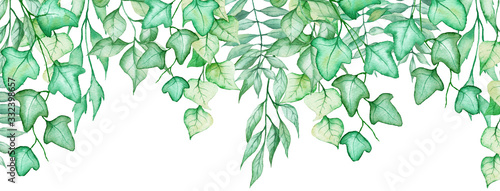 Long banner with hand drawn watercolor leaves and ivy © Daria Doroshchuk