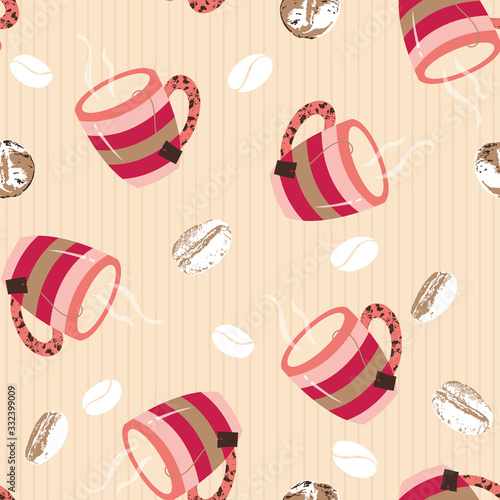 Coffe Mugs and Beans Vector Seamless pattern