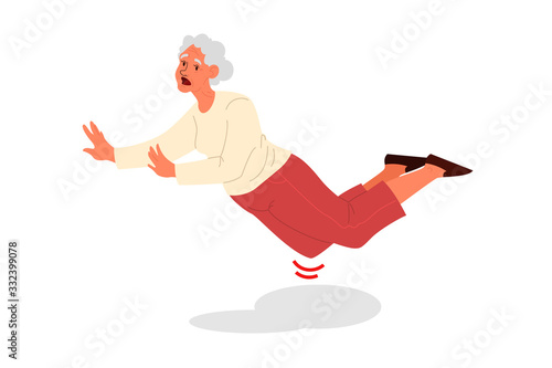 Retired women faling down. Old woman falling on her knee.
