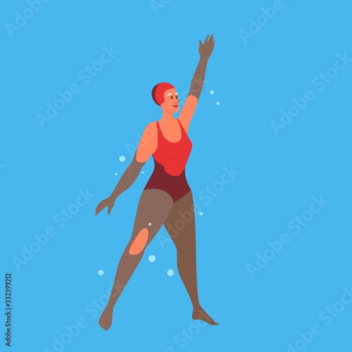 Old woman in swimming pool. Elderly character have an active