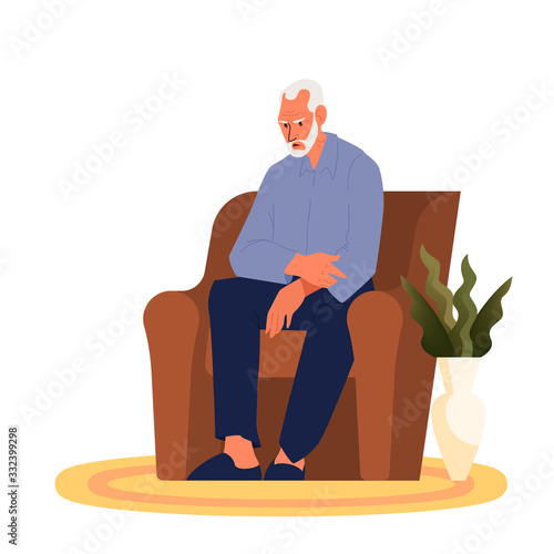 Tired old man sitting in the armchair. Eldery person with lack