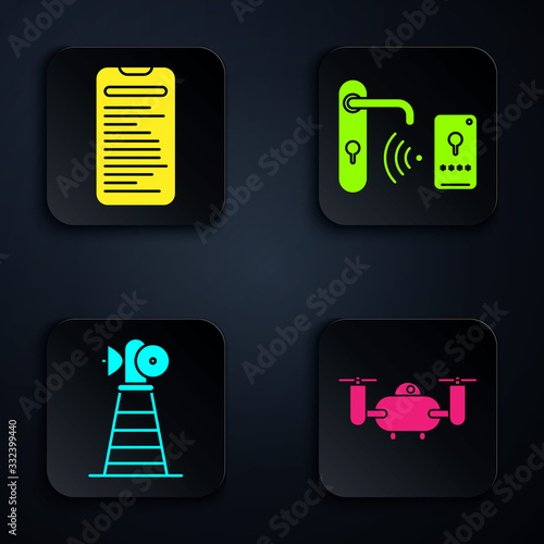 Set Drone flying with action camera, Computer api interface, Antenna and Digital door lock with wireless technology for unlock. Black square button. Vector
