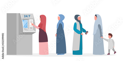 Queue to ATM. Muslim people standing in queue to ATM.