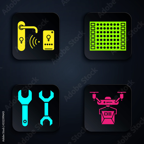 Set Drone delivery concept, Digital door lock with wireless technology for unlock, Spanner and Printed circuit board PCB. Black square button. Vector