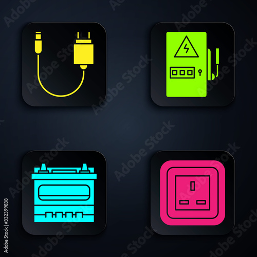 Set Electrical outlet, Charger, Car battery and Electrical panel. Black square button. Vector