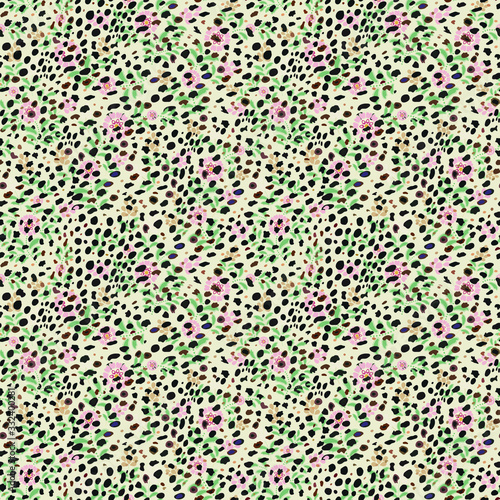 Seamless floral pattern and print with Cheetah speckles illustration in vector graphics. Fashionable multi-colored spring and summer design, textiles, Wallpaper or decorative background packaging