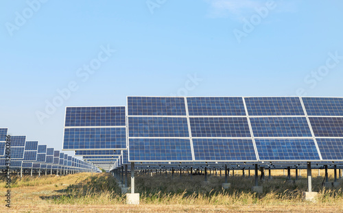 rows array of polycrystalline silicon solar cells or photovoltaic cells in solar power plant turn up skyward absorb the sunlight from the sun alternative renewable energy energy efficiency 