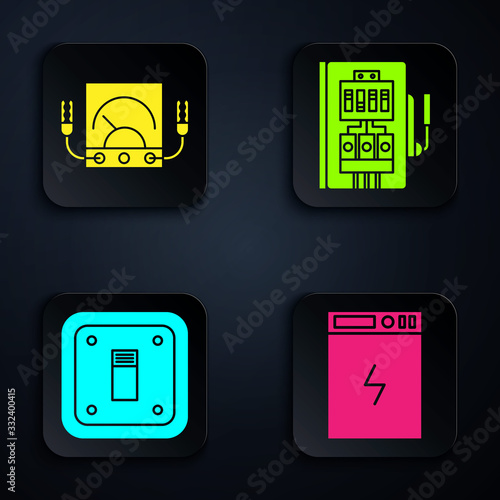 Set Power bank, Ampere meter, multimeter, voltmeter, Electric light switch and Electrical panel. Black square button. Vector