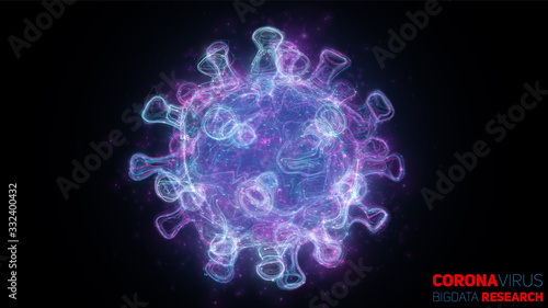 Big data research of Coronavirus disease. 3d vector neon illustration of virus and data cloud. Futuristic virology analysis of SARS. Pathogen exploraion concept.