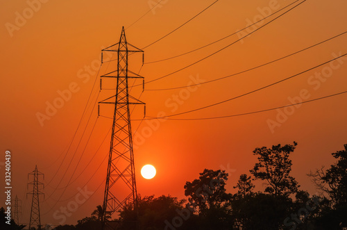 Wallpaper Mural silhouette high voltage electric pillars pylon on sunset time