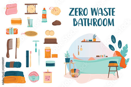 Zero waste bathroom set. Collection of eco elements for people