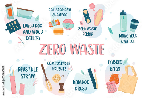 Zero waste web banner, eco tips infographic. Lifestyle elements