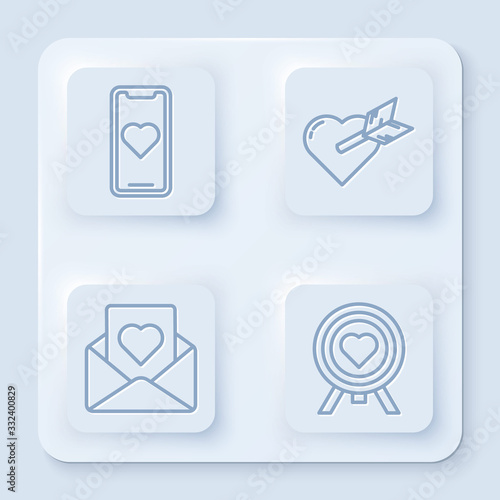 Set line Mobile phone with heart, Amour with heart and arrow, Envelope with heart and Heart in the center of darts target aim. White square button. Vector