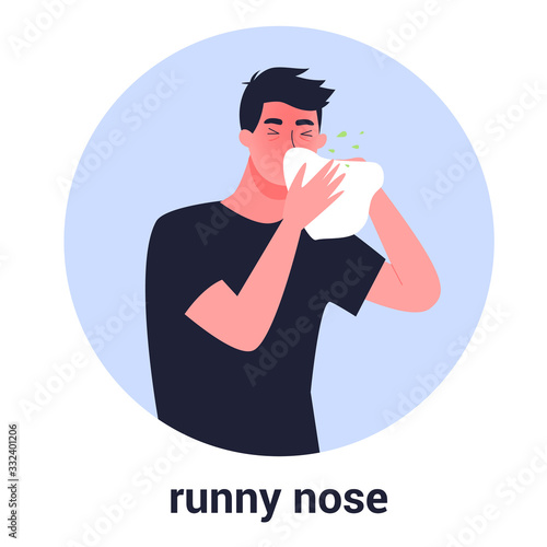 Sick man with runny nose a symptom of flu, cold or allergy.