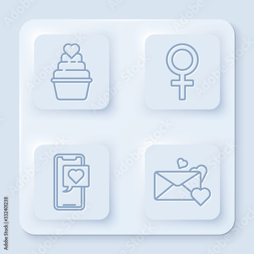 Set line Wedding cake with heart, Female gender symbol, Smartphone with heart speech bubble and Envelope with heart. White square button. Vector