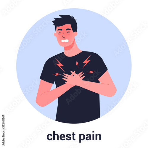 Man feel chest pain. Heart attack or symptoms of heart disease.