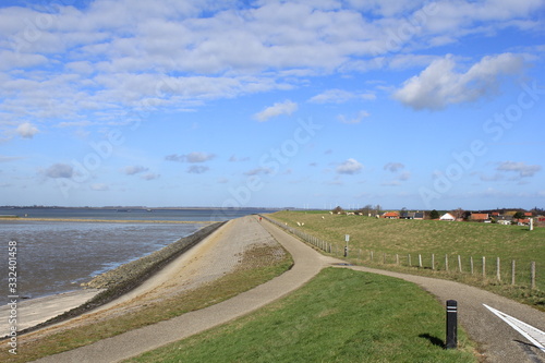 the sea wall with a road along river scheldt at a sunny day in spring and a little village in the background