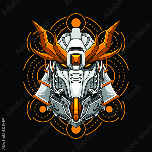 Mecha head samurai with sacred geometry pattern