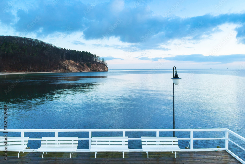 Aerial landscape with wooden pier in Gdynia Orlowo at sunrise, Poland Aerial landscape with wooden pier in Gdynia Orlowo at sunrise, Poland