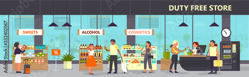 Duty free interior in the airport building. People buying cheap products
