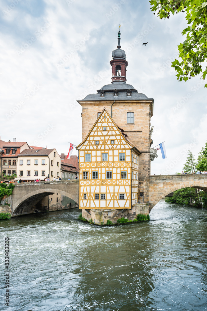 View of the town hall building in the old town of Bamberg in Germany.