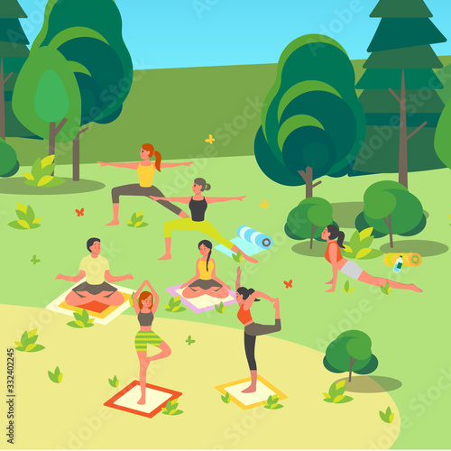 People doing yoga in the park. Asana or exercise for people