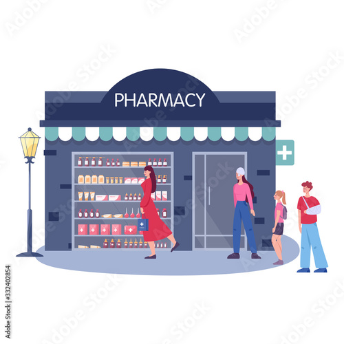 Modern pharmacy building exterior. People order and buy medicaments