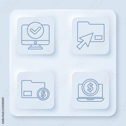 Set line Computer monitor, Cursor click document folder, Envelope with coin dollar and Laptop with dollar. White square button. Vector