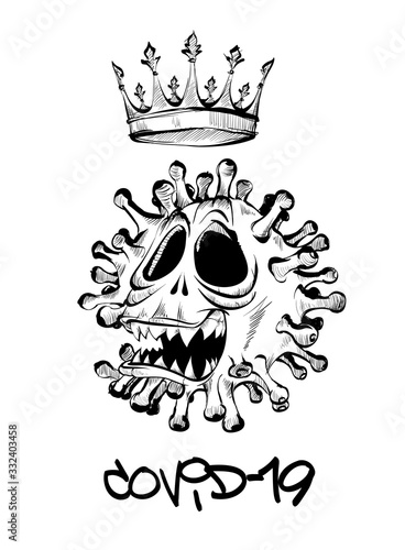 Illustration of the evil face of the virus, with a crown above his head. Coronavirus outbreak and coronaviruses influenza as a pandemic medical health risk concept