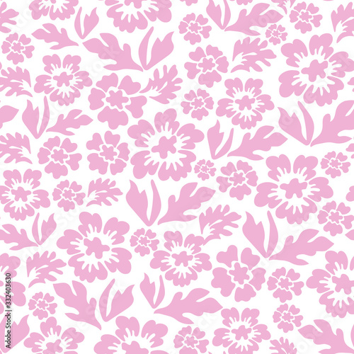 Seamless flower background in vector graphics. Pink color of the ornament on a white background. Simple minimalistic drawing of colors of different sizes, fabric, Wallpaper
