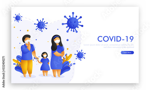 Landing Page, Web header banner design concept on COVID-19 called coronavirus. Learn more about its symptoms, prevention, precautions and transmission.