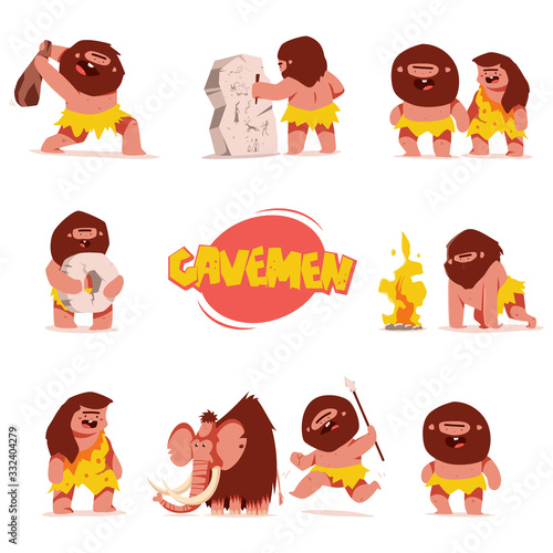 Cute cavemen vector cartoon characters set isolated on a white background.