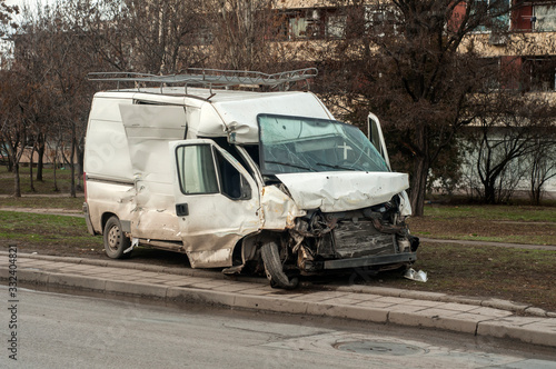 Fotografie Crushed in car accident transport van