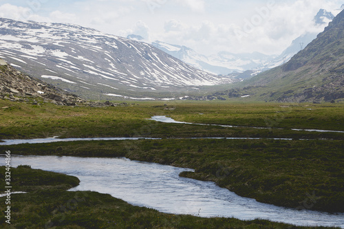 gran paradiso mountain valley landscape with river in summer