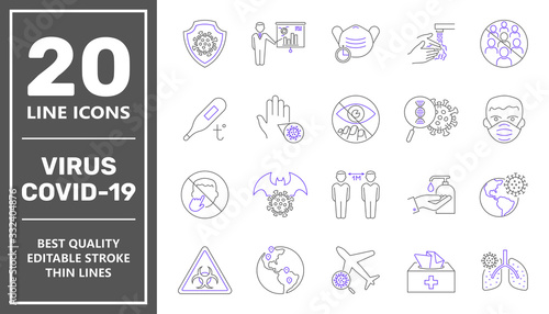 Coronavirus line icon set. Coronavirus Protection Related Vector Line Icons. Icons are included such as covid-19 virus, face shield, incidence statistics, precautions, virus research and more. EPS 10.