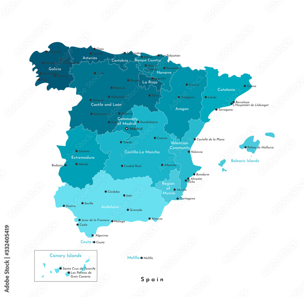 Vector isolated illustration. Simplified administrative map of Spain (including Balearic, Canary islands, Melilla, Ceuta). White background. Names of spanish cities and autonomous communities