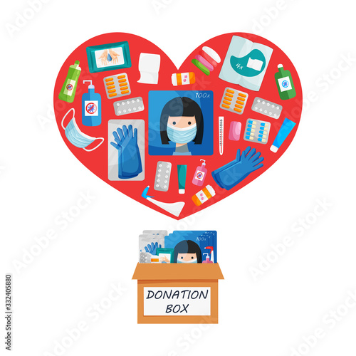 Vector illustration of donation box and heart shape with disposable respirator breathing face masks, gloves, medicine, pill, soap, toilet paper, antibacterial products, sanitizer, wet wipes isolated