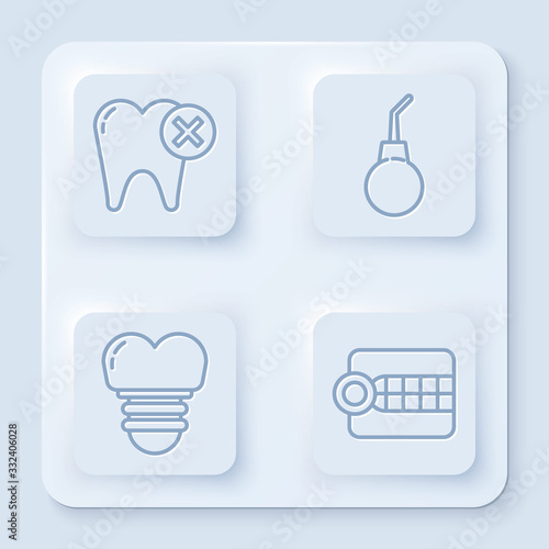 Set line Tooth with caries, Enema pear, Dental implant and Dentures model. White square button. Vector